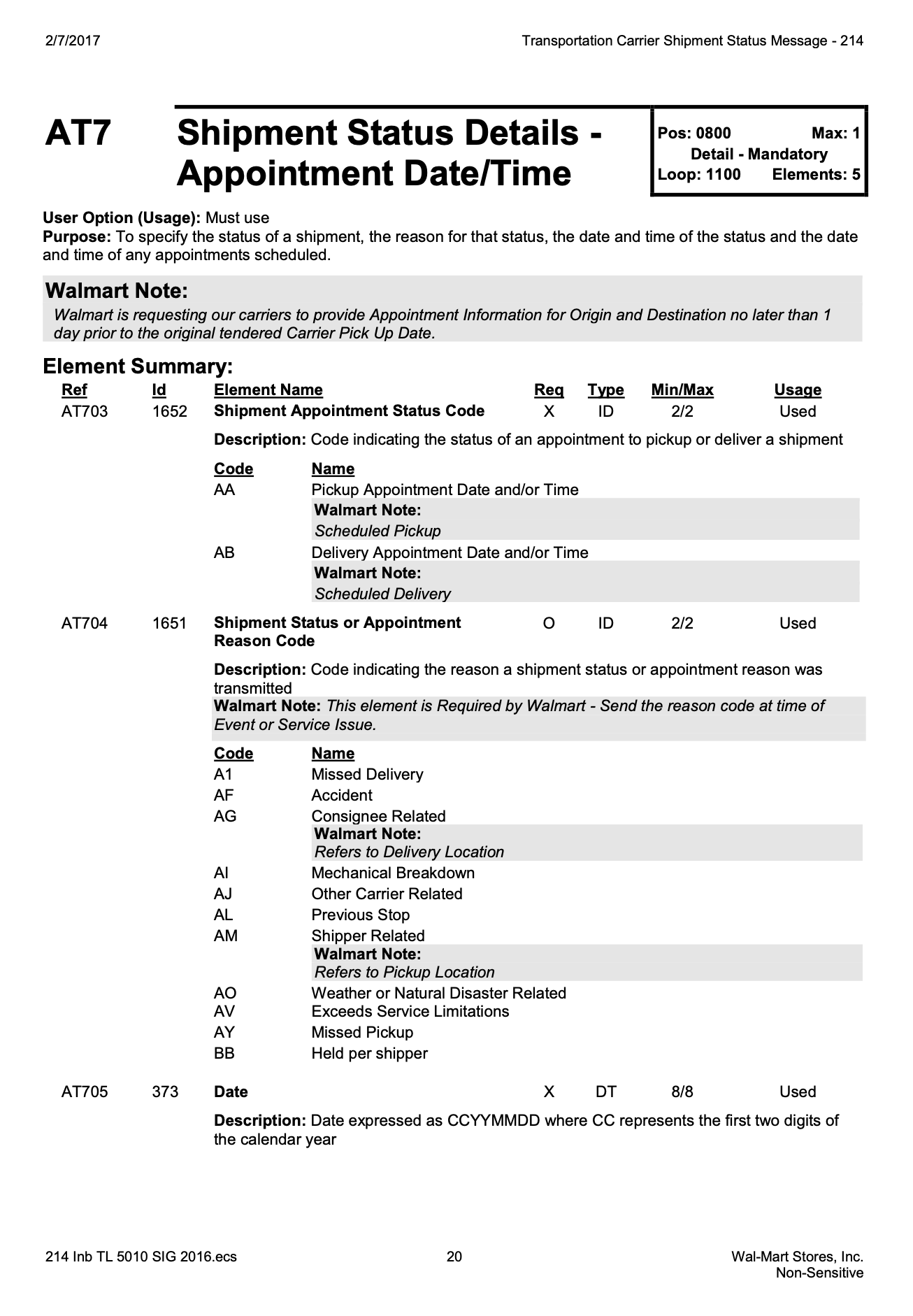 A page from a trading partner’s 214 implementation guide