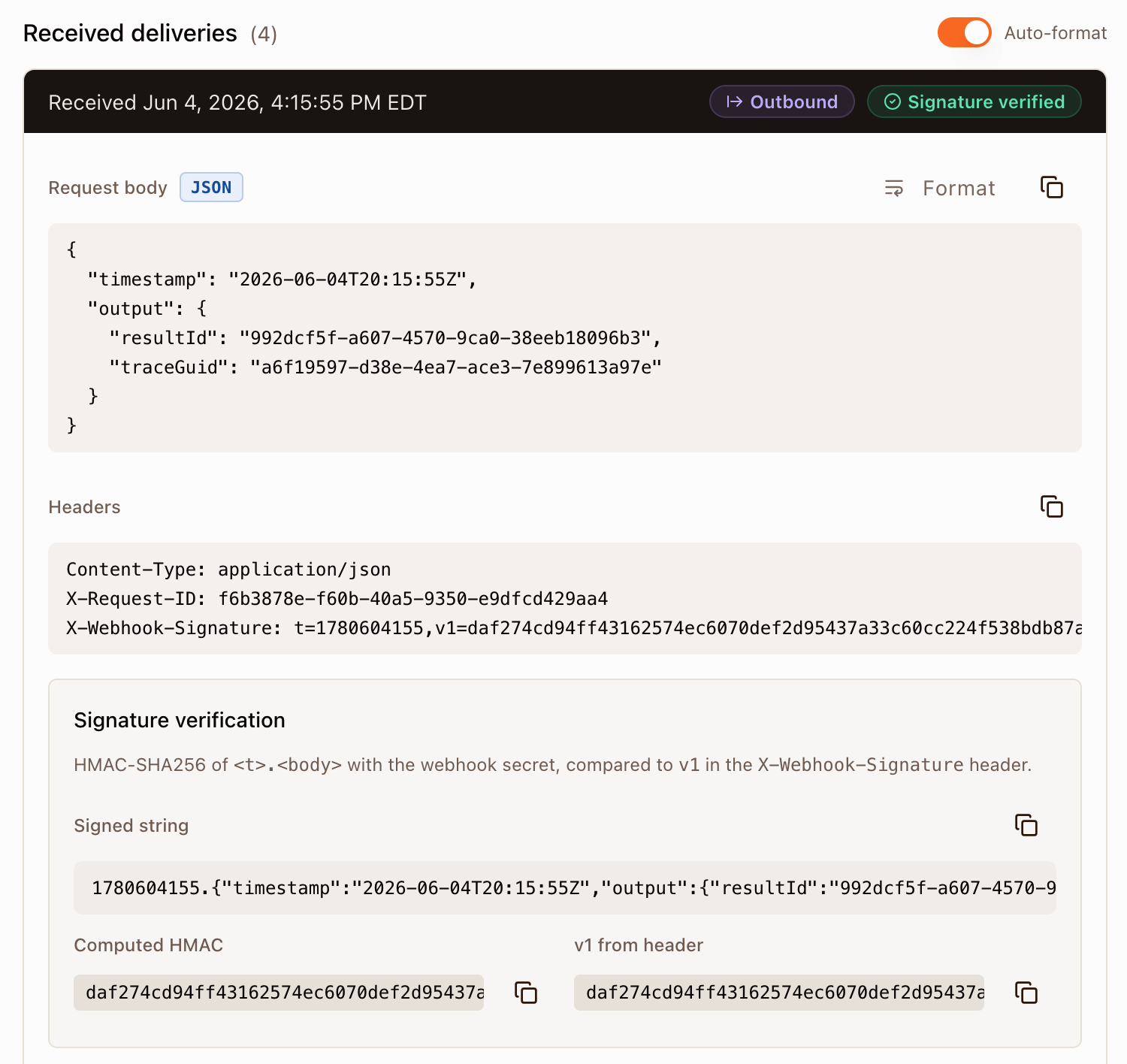 A sandbox webhook delivery