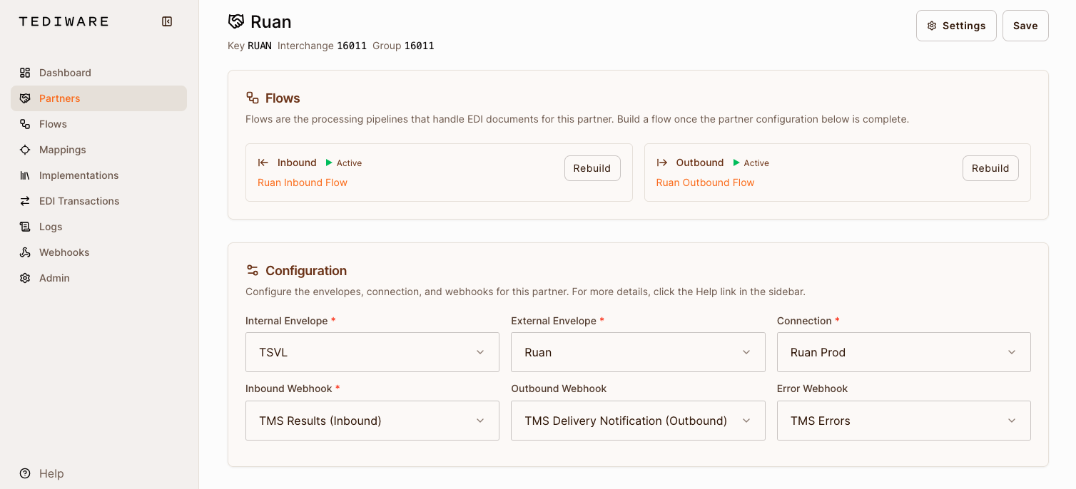 Trading partner configuration with flows, envelopes, and webhooks