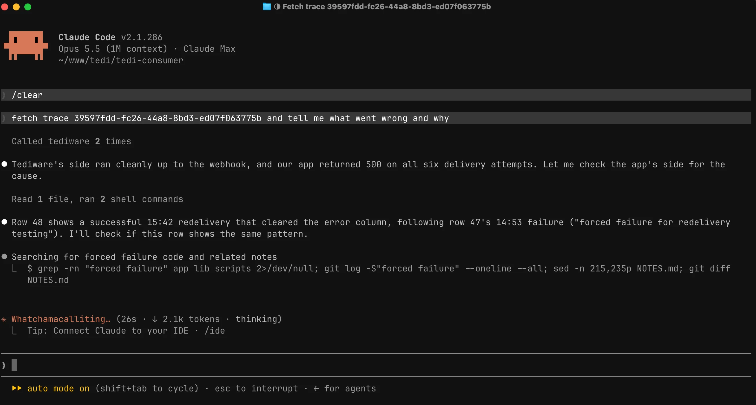 A coding agent fetching a Tediware trace over MCP and diagnosing a failed delivery