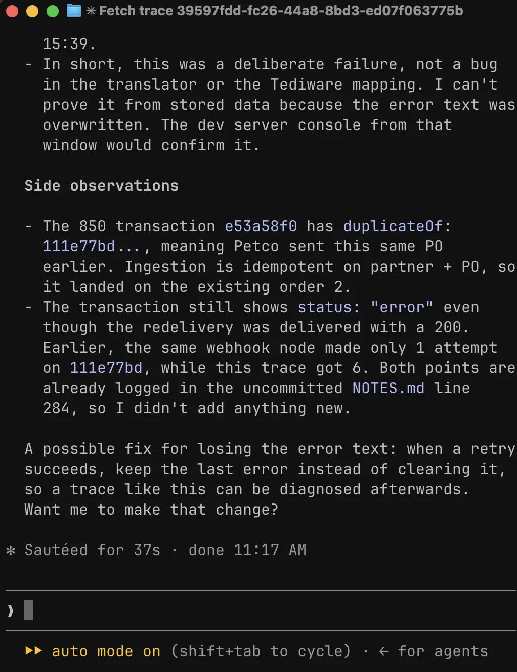 A coding agent explaining a failed delivery found in a Tediware trace
