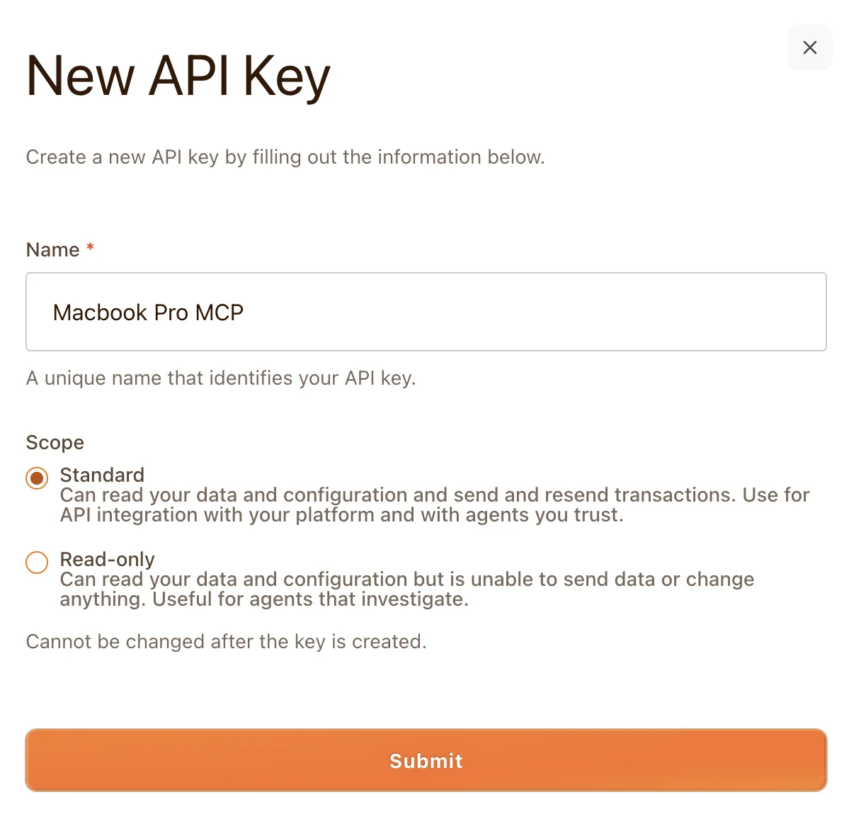 Creating a new API key with Standard or Read-only scope