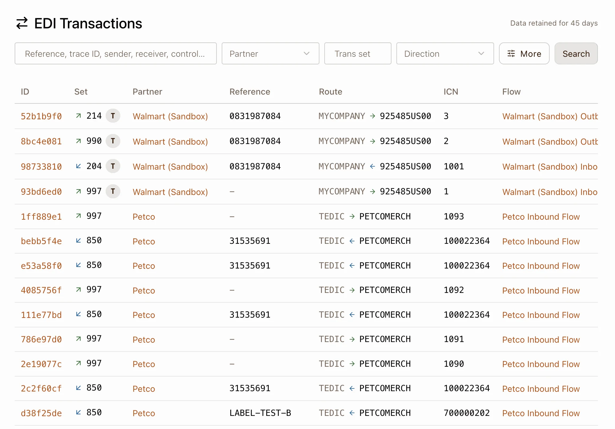 EDI transactions list filtered across partners