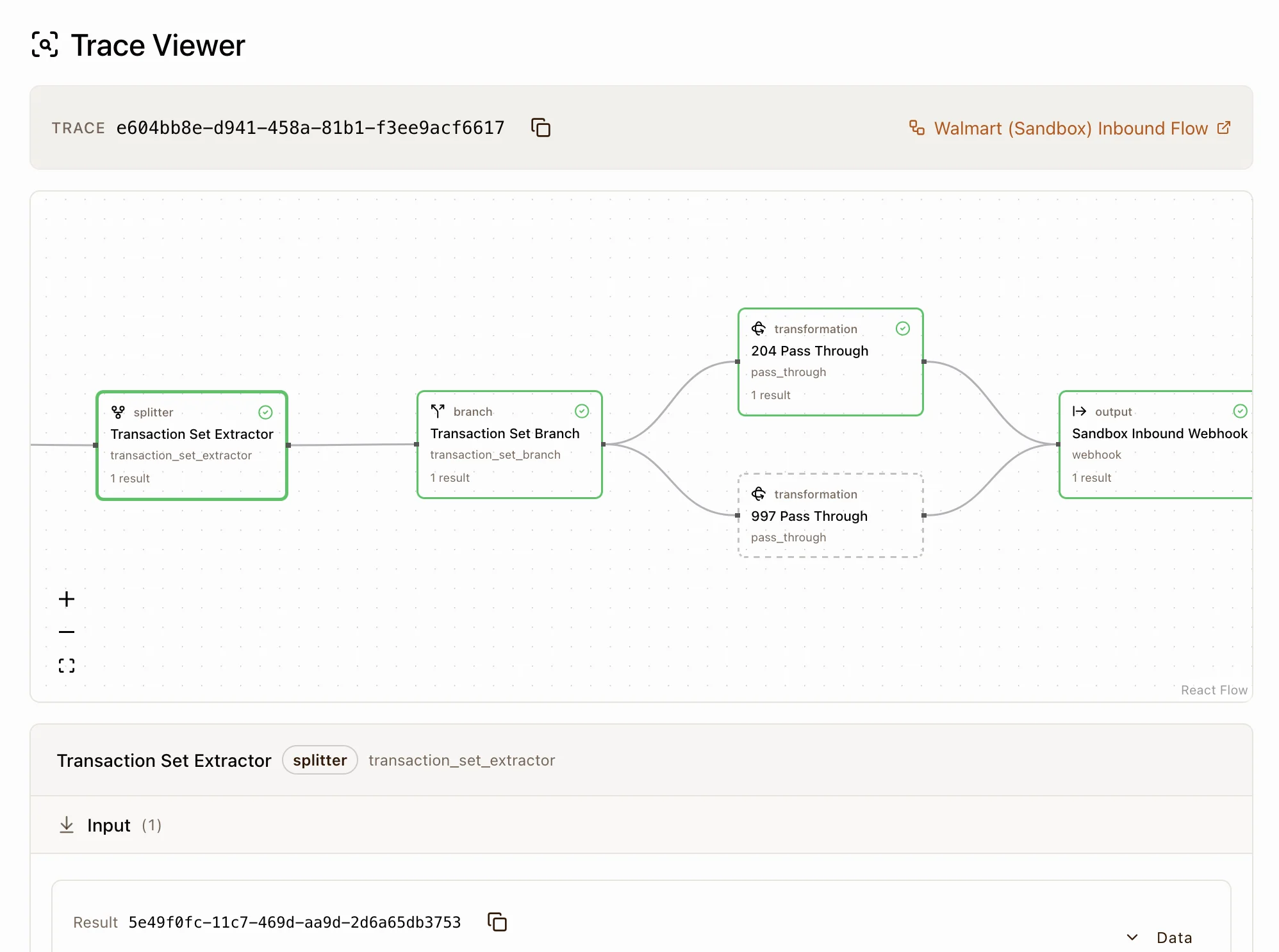 Trace viewer showing each pipeline step a transaction passed through