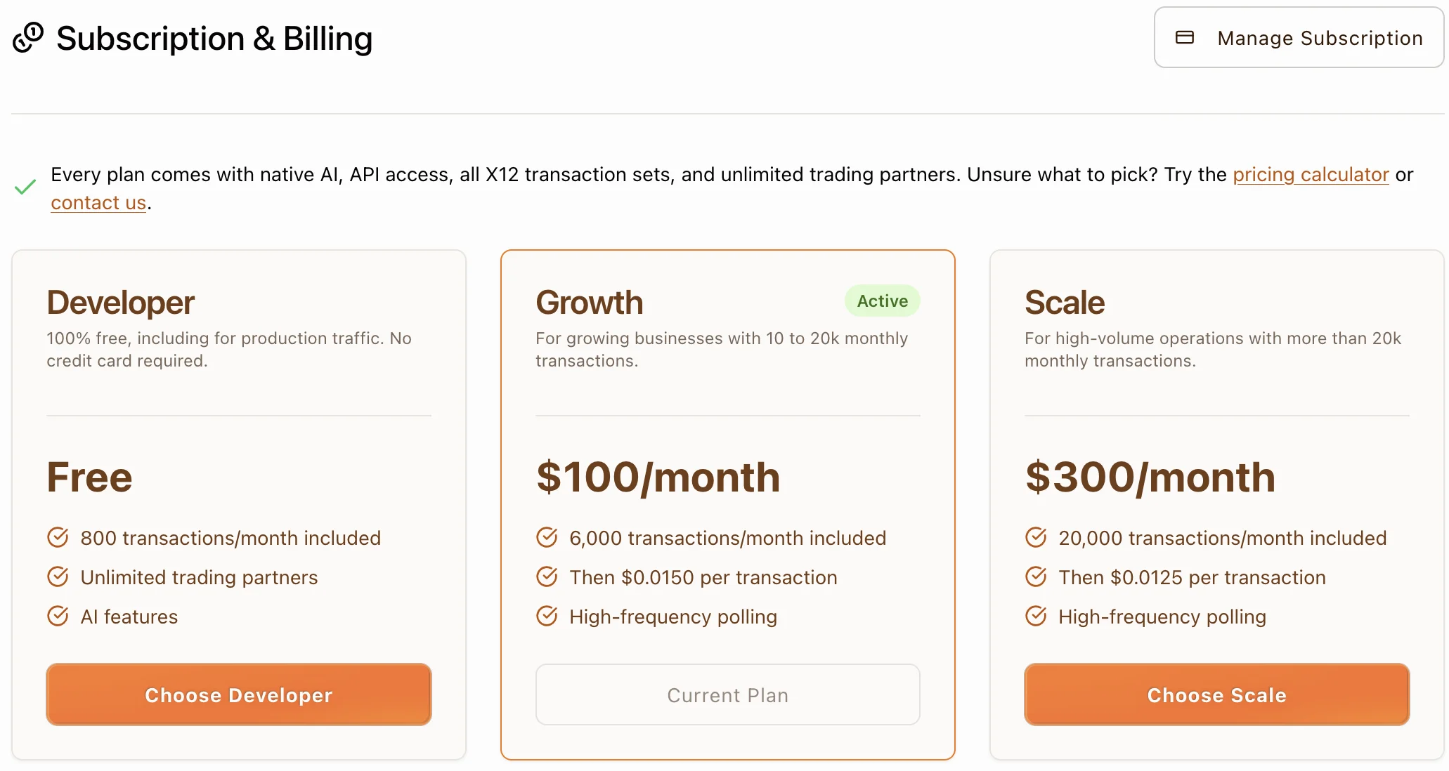 Subscription and billing screen with Developer, Growth and Scale plans you can switch between yourself