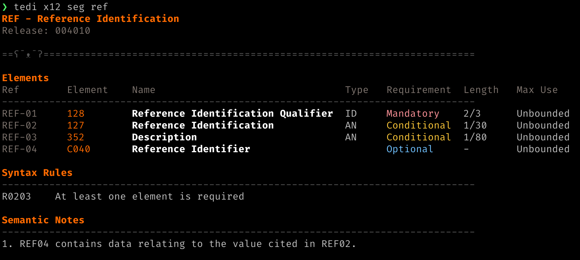 tedi x12 seg ref showing segment elements and syntax rules in the terminal
