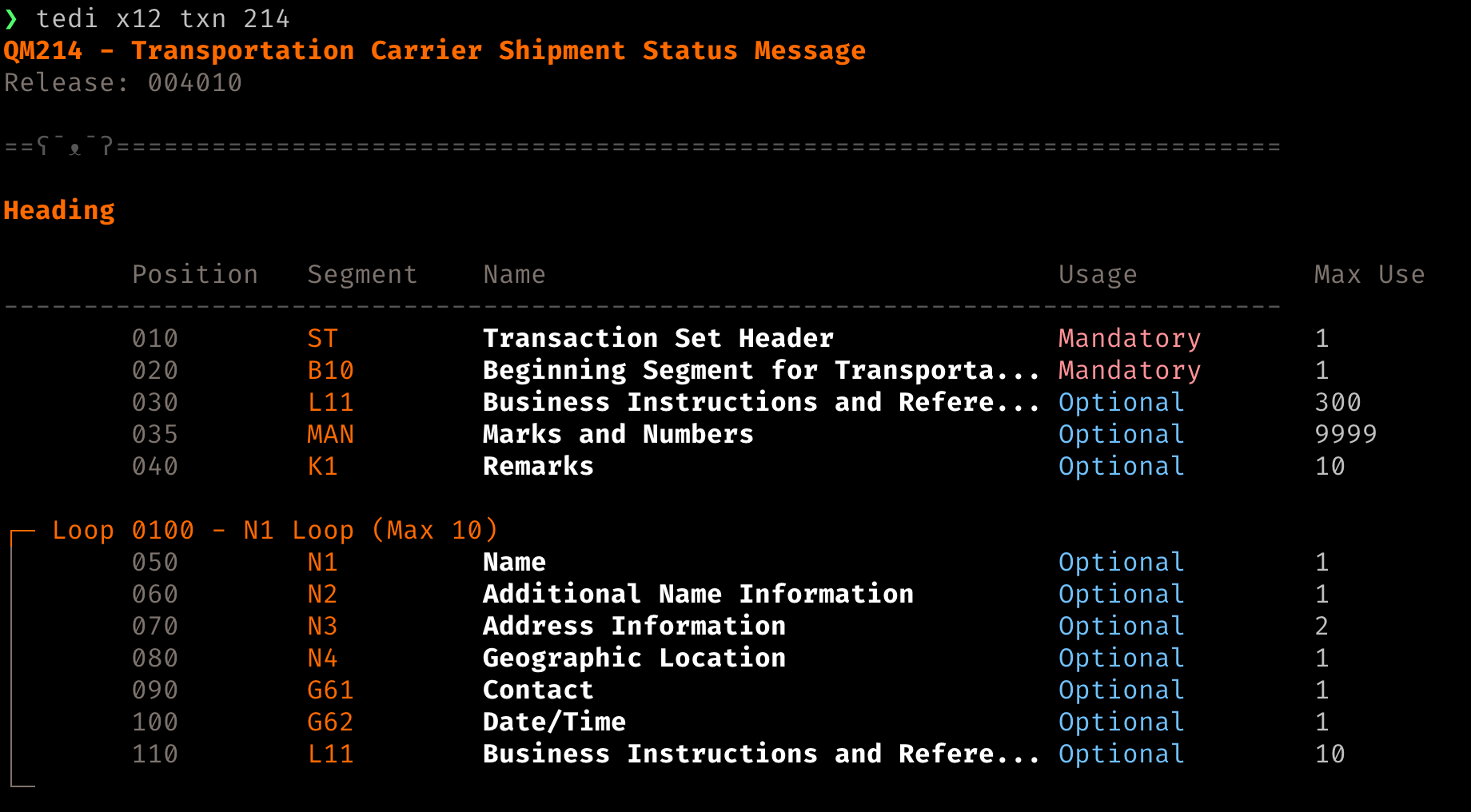 tedi x12 txn 214 showing the transaction set structure in the terminal